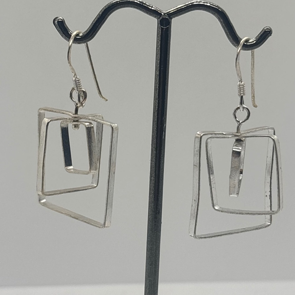 Sterling Silver Earrings 925 Dangle Drop Triple Nested Square Geometric Modern